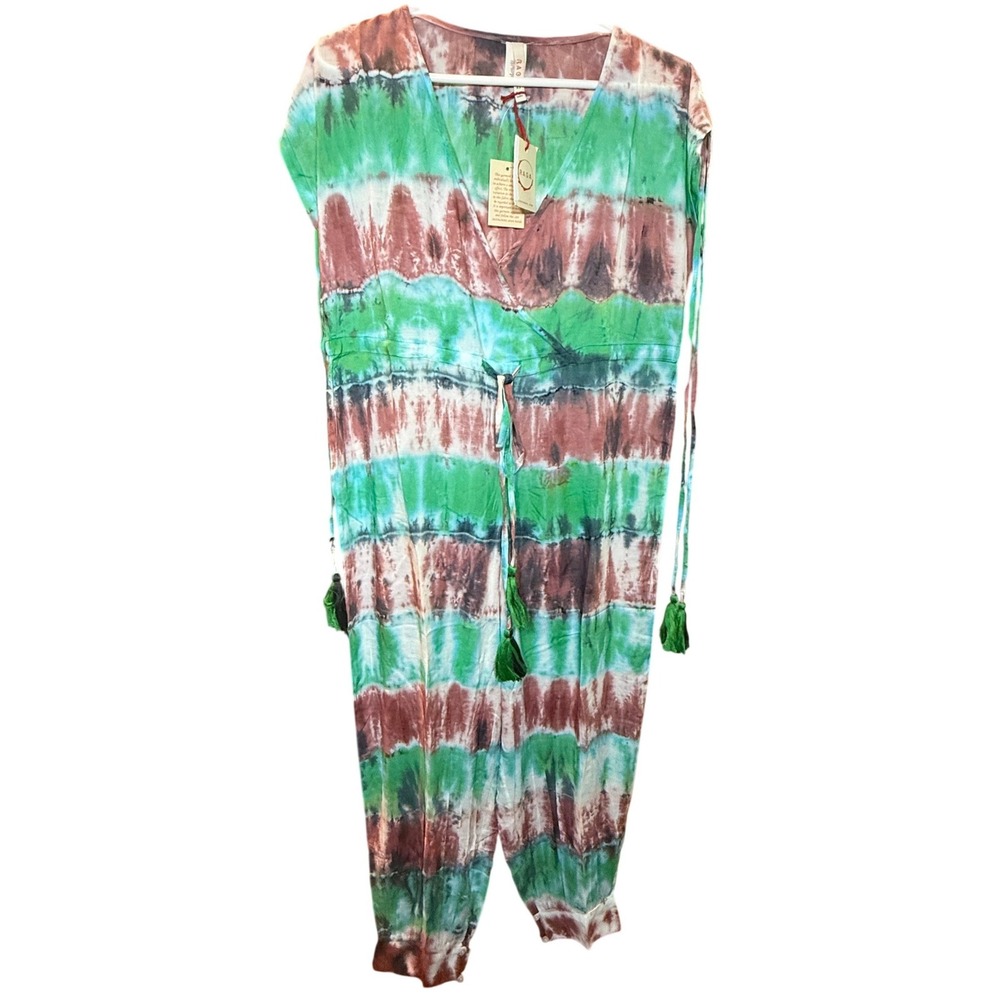 Raga Womens Tie Dye Jumpsuit Green Brown Boho Tassel Drawstring XS New With Tags